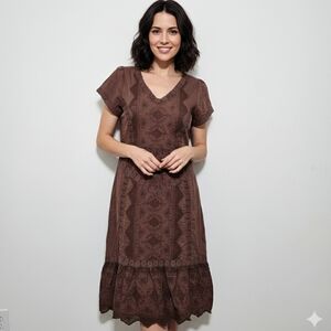 Sundance NWOT Midi Dress Tiered Embroidered Cotton Boho Eyelet‎ Cottage Brown 10